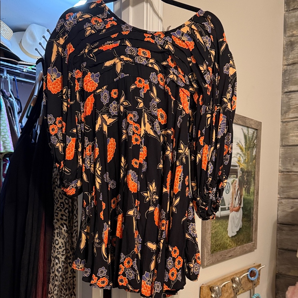 Free People Black and Orange Floral Blouse